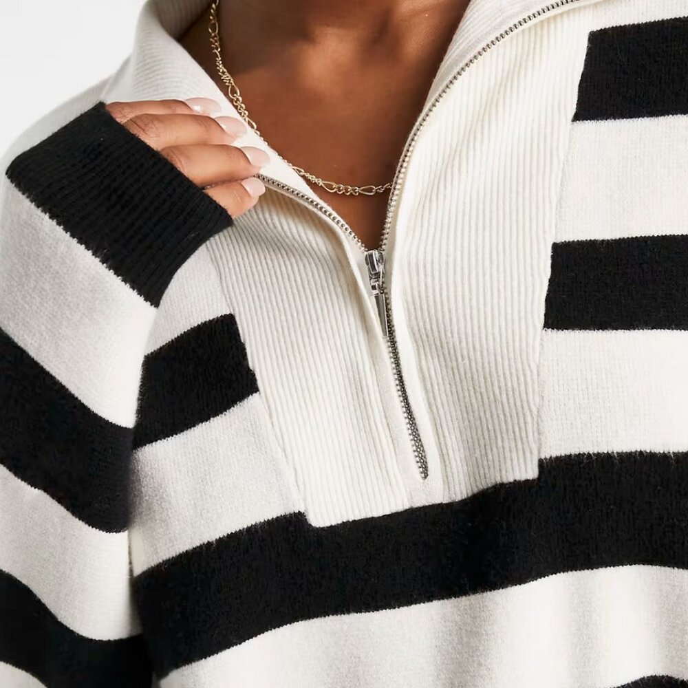 Stradivarius Striped Knit Half Zip Sweater in Black and White - Picture 4 of 13